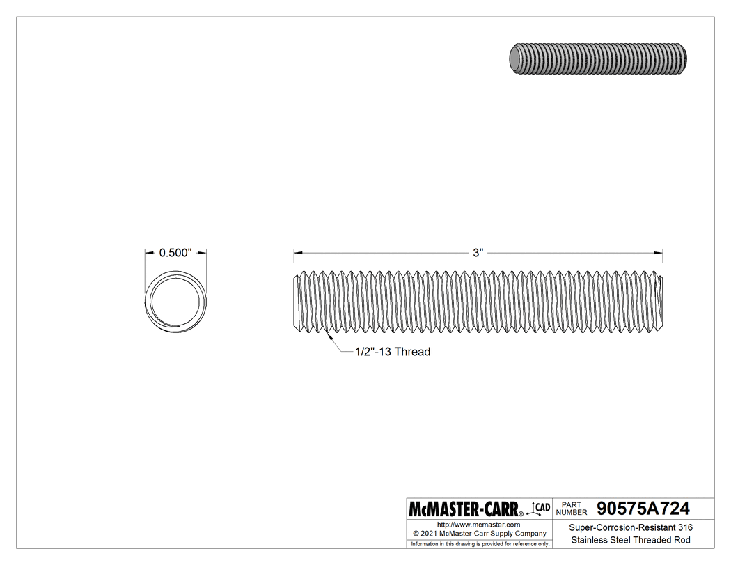 Technical Drawing of Super-Corrosion-Resistant 316 Stainless Steel Threaded Rod, 1/2"-13 Thread Size, 3" Long.